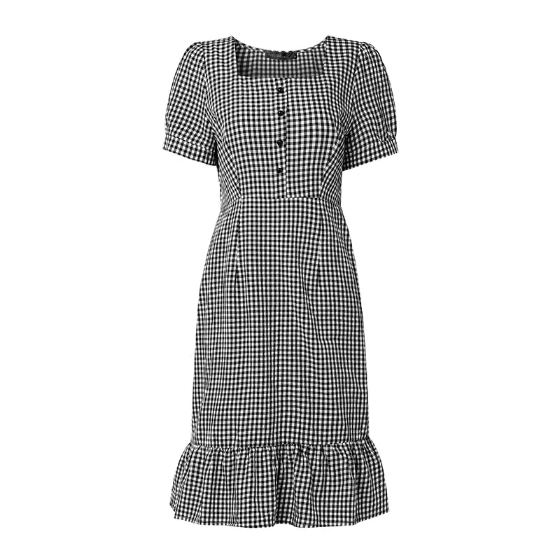 ZANZEA Woman Vintage Gingham Knee-Length Dress Summer Suqare Neck Puff Sleeves Ruffled Hem Dresses Casual Daily Wear Vestidos
