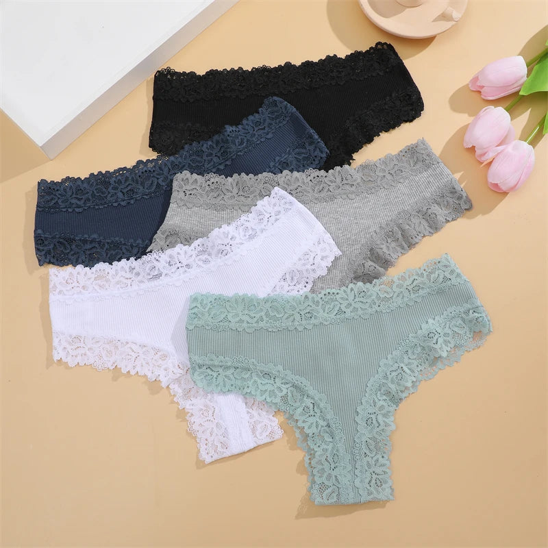 Women's Cotton Panties 5Pcs Set Floral Lace Patchwork Soft Breathable Comfort Underwear For Women Lingerie