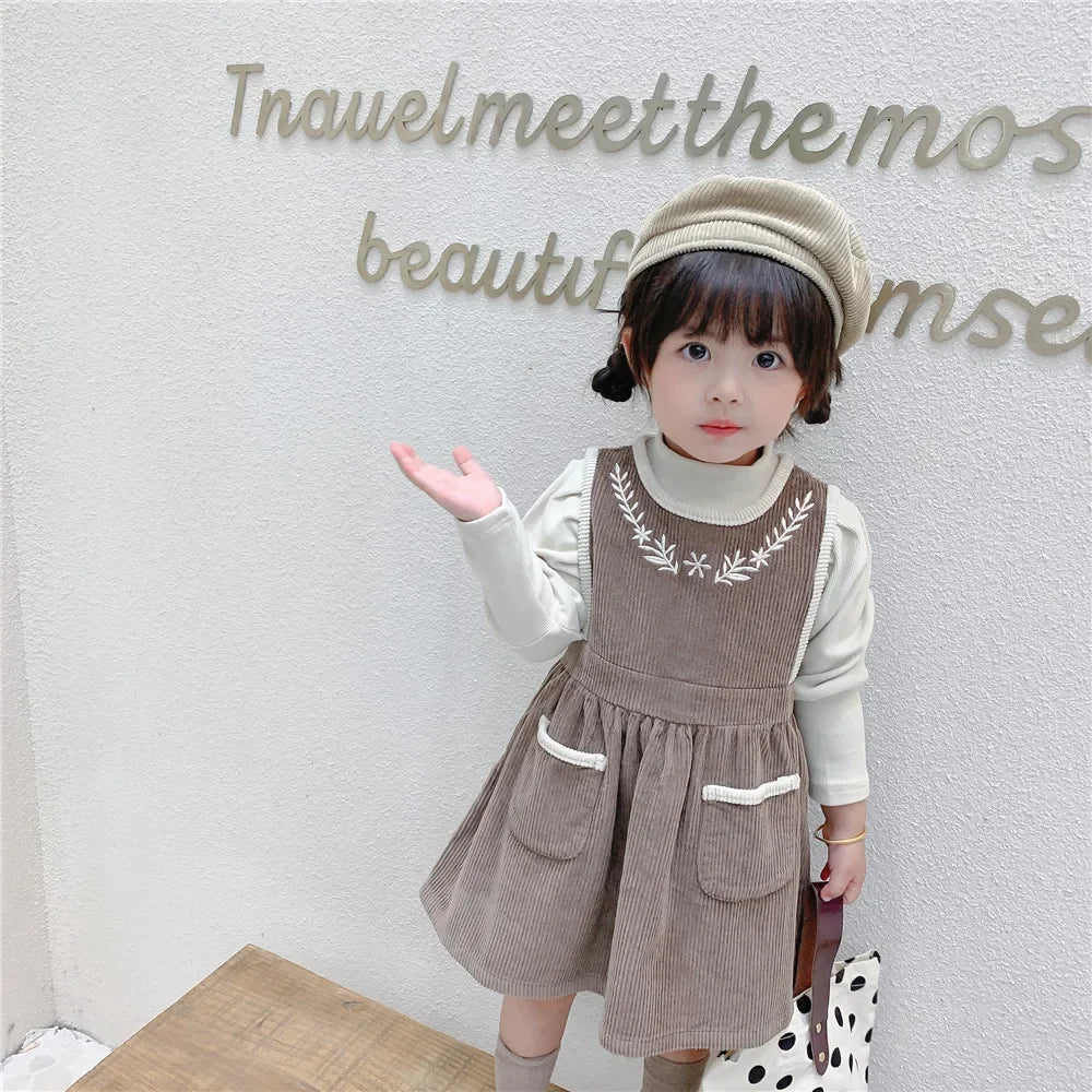 2025 Vinatge Baby Corduroy Sleeveless Dress Little Girls Sundress and Long Sleeve Tops Autumn Winter  Two Piece Set Children