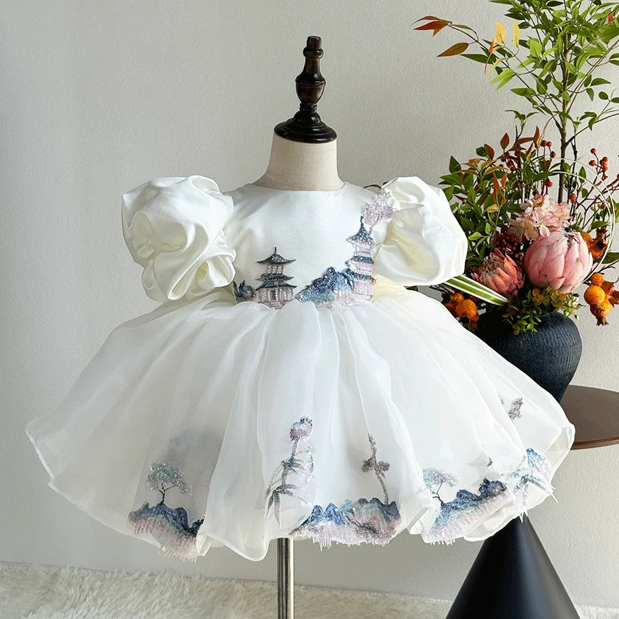 Dreamy Vow D228 Luxury Embroidery Flower Girl Dress Knee Length Princess Kids Gown for Wedding Birthday Festival Party Pageant