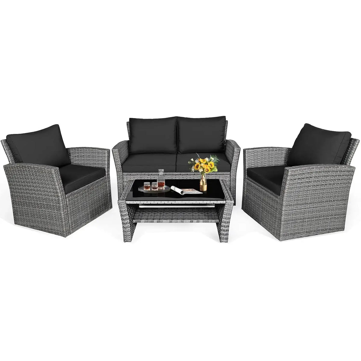 4-Piece Outdoor Rattan Patio Furniture Set with Cushions & Table