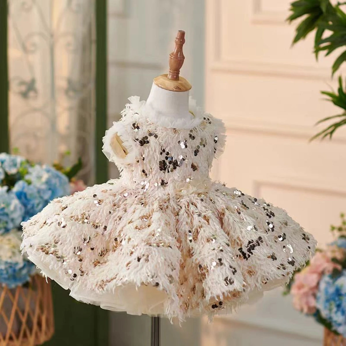 Dreamy Vow J739 Chic Pink Girl Dress Feather Sequined for Kids Wedding Birthday Party Holiday Princess Knee Length Ball Gown