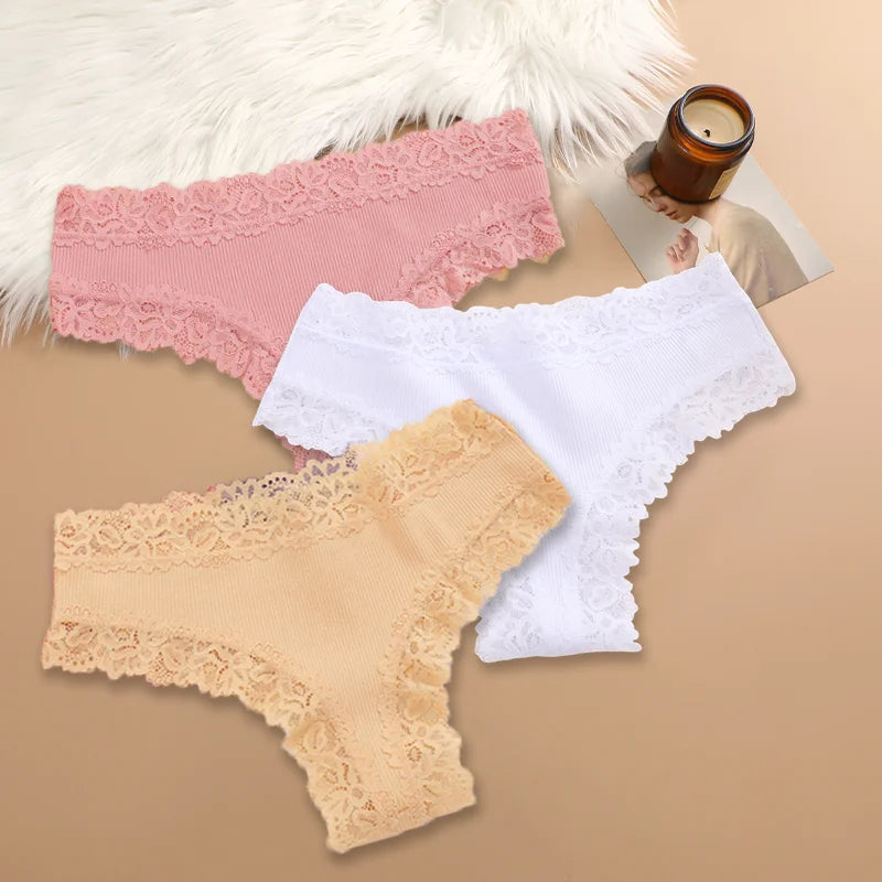 Women Cotton Panties Set 3 Pieces Floral Lace Patchwork Briefs Breathable Soft Underwear Size S XL