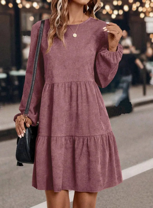 Women's Long Sleeve Tiered Ruffle Mini Dress, Casual Round Neck Solid Color Swing A-Line Dress for Autumn Winter Daily Wear