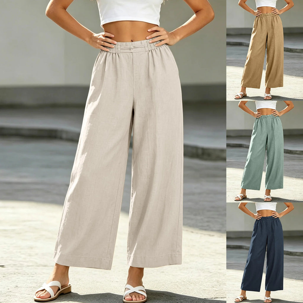Women's Cotton Linen Blend Wide Leg Palazzo Pants with Pockets