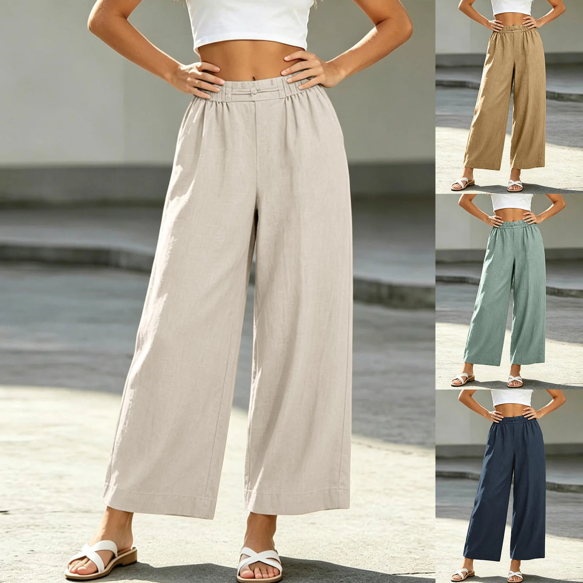 Women's Cotton Linen Blend Wide Leg Palazzo Pants with Pockets