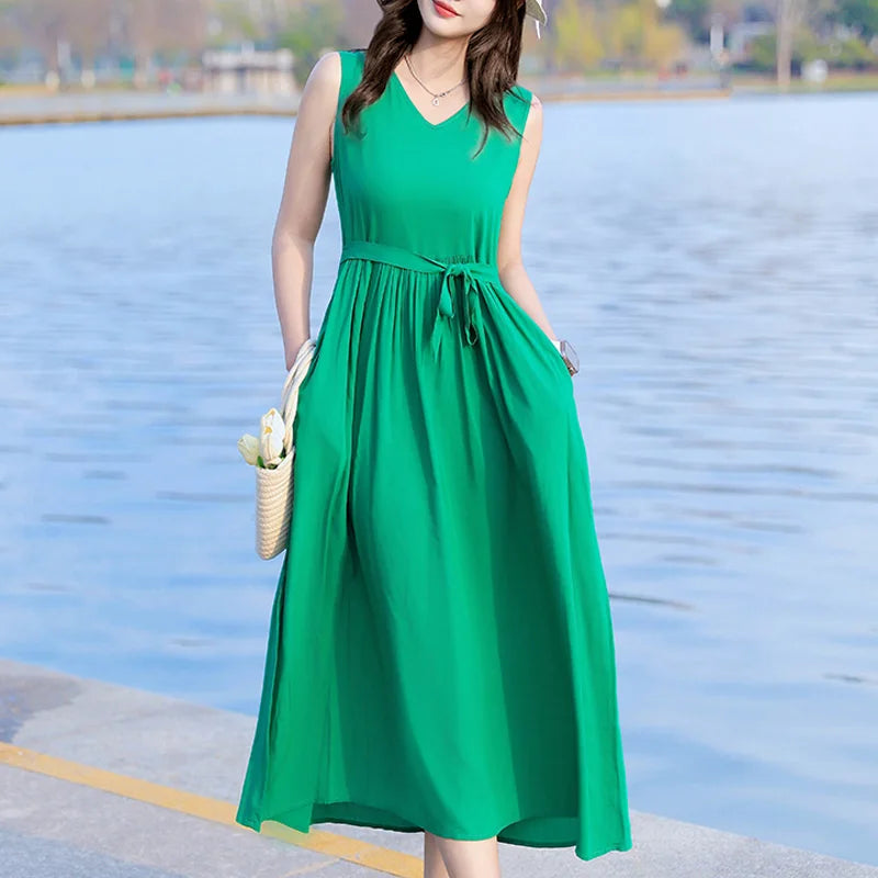 Spring Summer Dresses Fashion Female Sleeveless printed Casual Dress Women A-line Dresses Vestidos