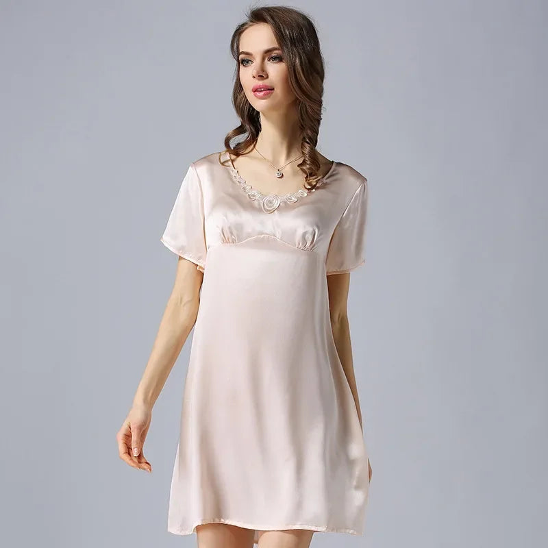 AYUNSUE Women's 100% Natural Mulberry Silk Nightdress - Short Sleeve