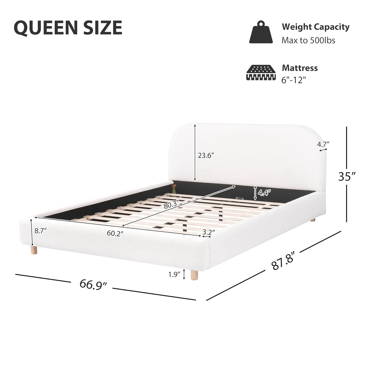 White Queen Size Boucle Bed Frame, Upholstered Cloud Beds Frames with Headboard, Soft Platform Bed Frame with, Customized