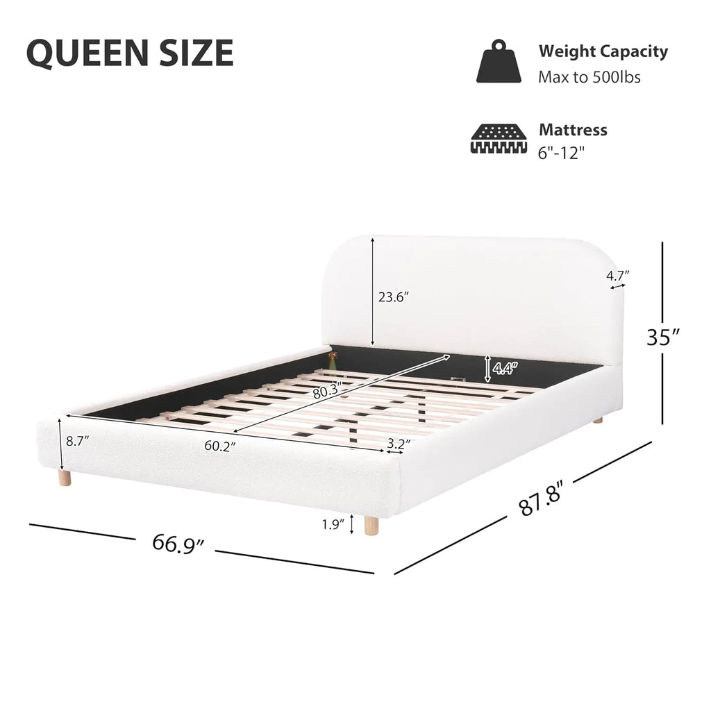 White Queen Size Boucle Bed Frame, Upholstered Cloud Beds Frames with Headboard, Soft Platform Bed Frame with, Customized