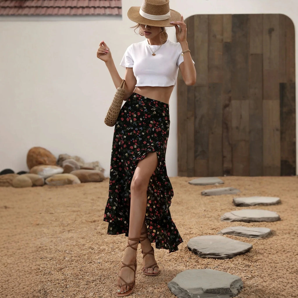 Ladies Floral High Waist Asymmetrical Hem Mid-Length Split Skirt Casual Holiday Fashion Spring Summer Polyester Fabric Elegan...