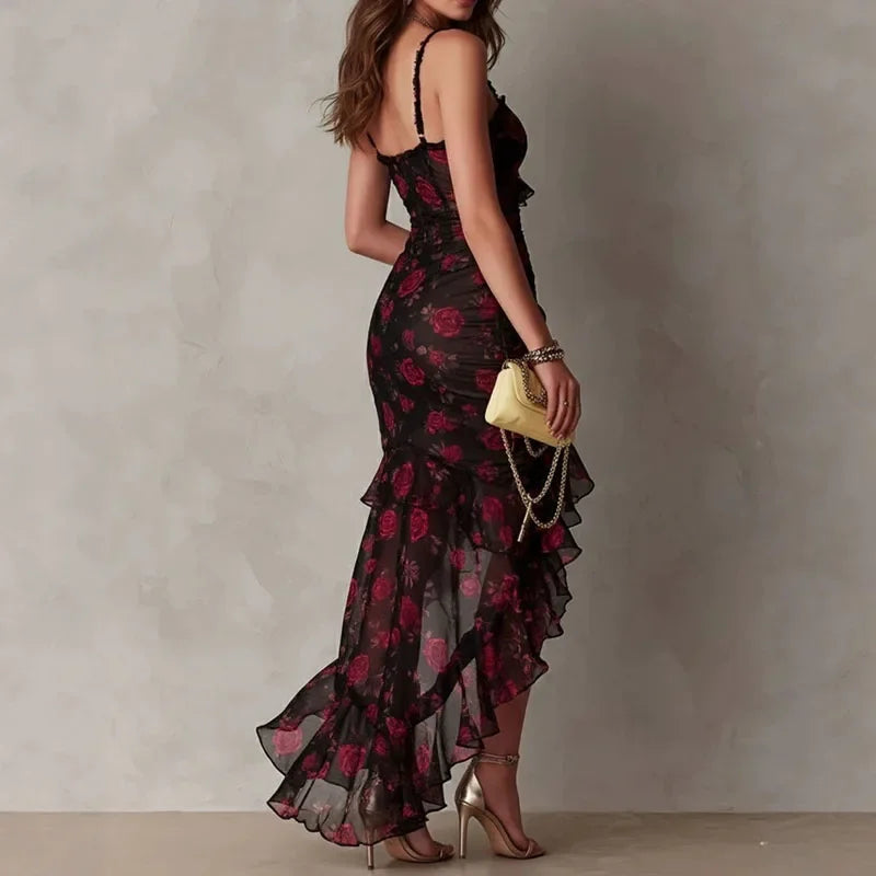 Vintage Rose Print Dress Women Spaghetti Strap Sweetheart Neck Ruched Waist Irregular Sexy Hem Dress Bodycon Party Evening Dress