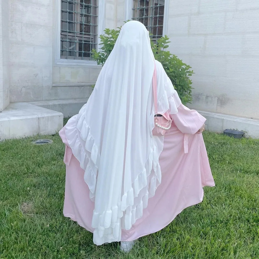 Ruffled Long Chiffon Muslim Abaya Solid Color One-piece Ramadan Khimar Abaya Headscarf Prayer Dress Dubai Saudi Black Robe