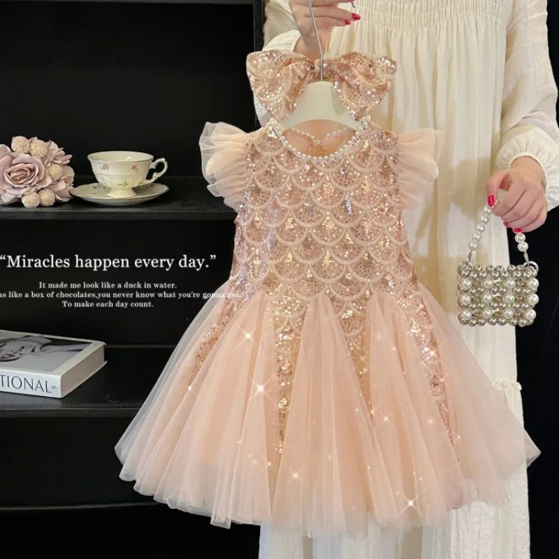 2026 New Summer Party Dresses for Girls Children's Elegant Fashion Mesh Flying Sleeves Sequined Tank Top Princess Skirt S3069