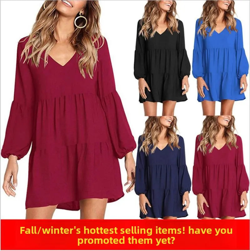 plus Size Autumn Clothes 2024 Women's V-Neck Long Sleeve Dress Ladies Fashionable Elegant Style Single Piece All Seasons