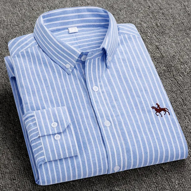 Premium Pure Cotton Oxford Shirt For Men Long Sleeve With Embroidered Horse Design Regular Fit White Dress Shirt
