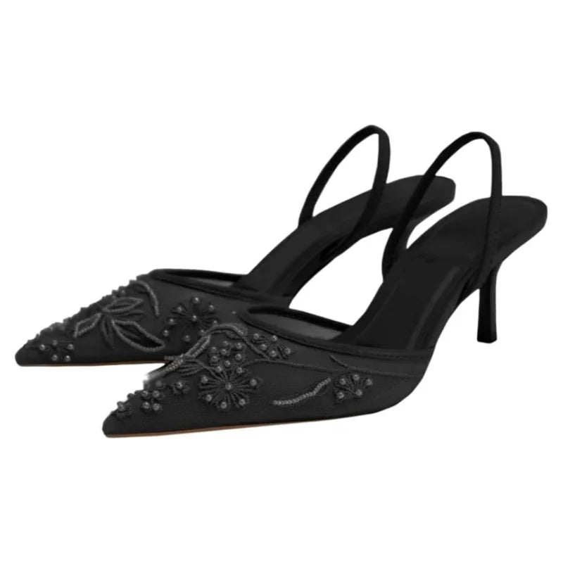 Women'S'S Mesh Floral Embroidered Slingback High Heels Female Open Heel Pearl Studded Pointed Toe Sandals Sexy Stiletto Lady Mules