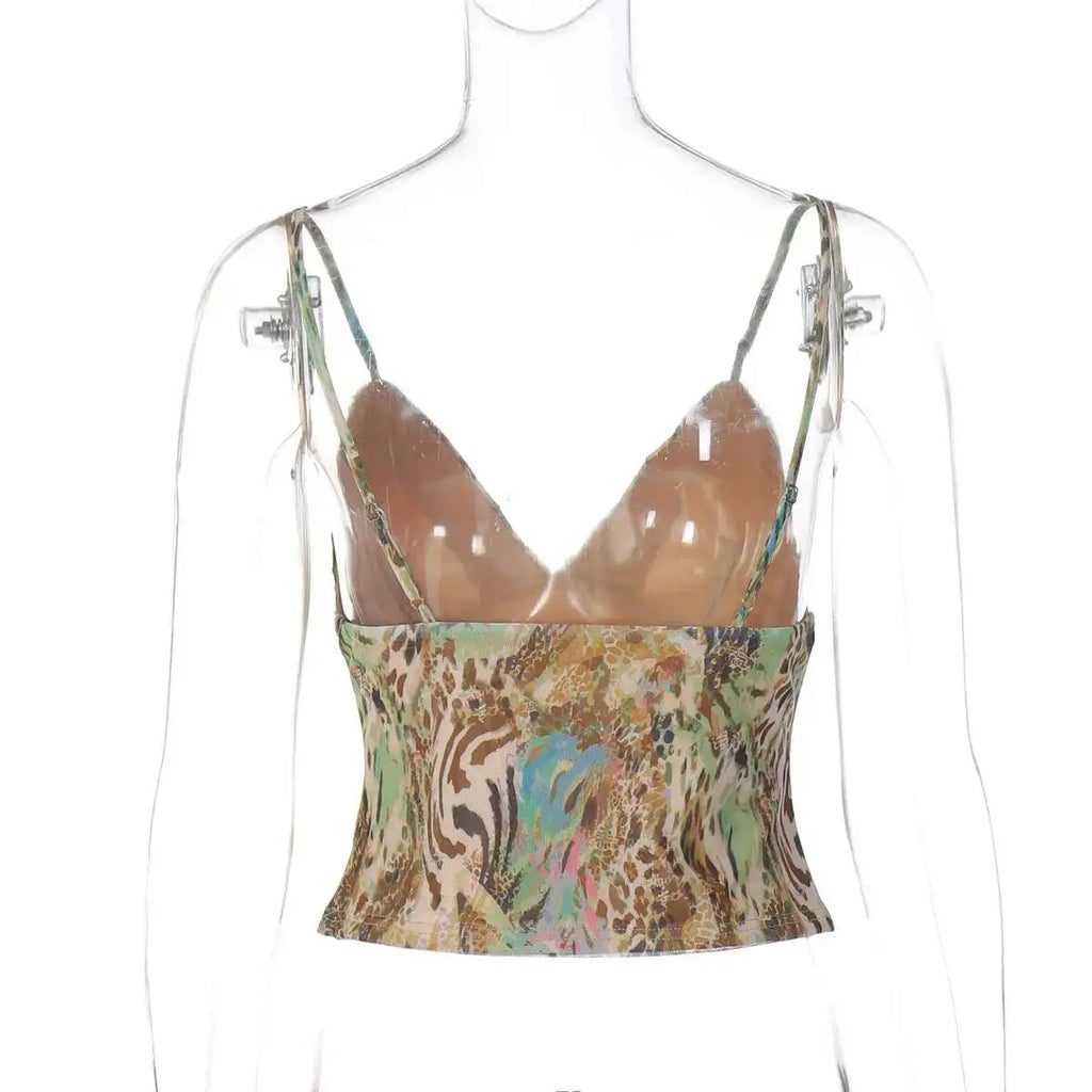 Avrilyaan Sequin Patchwork Deep V Printed Crop Top Women Slim Summer Street Party Top
