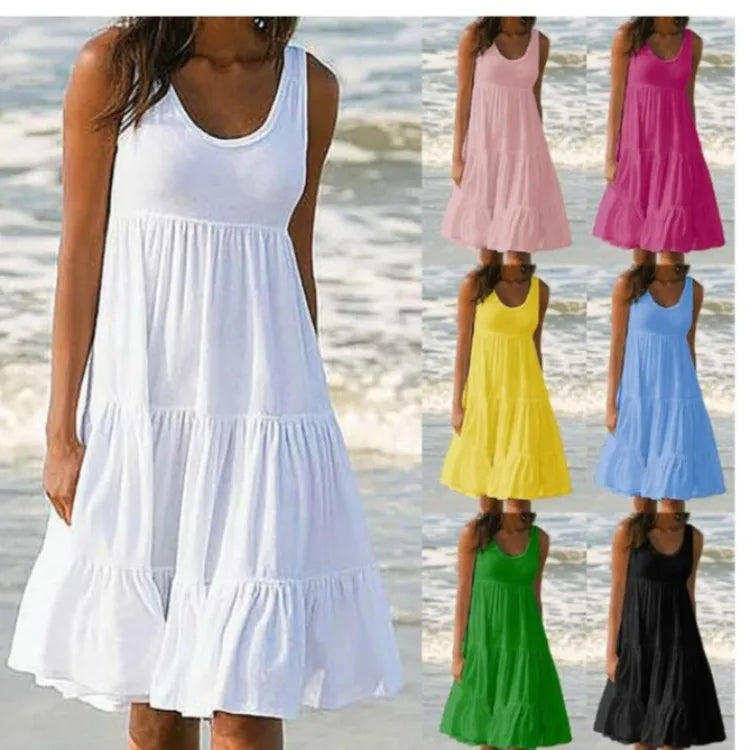 Women Summer Dress Bohemian Sleeveless Round Neck Splicing Big Swing Beach Woman Knee Length Dresses Vestidos JQMY8806