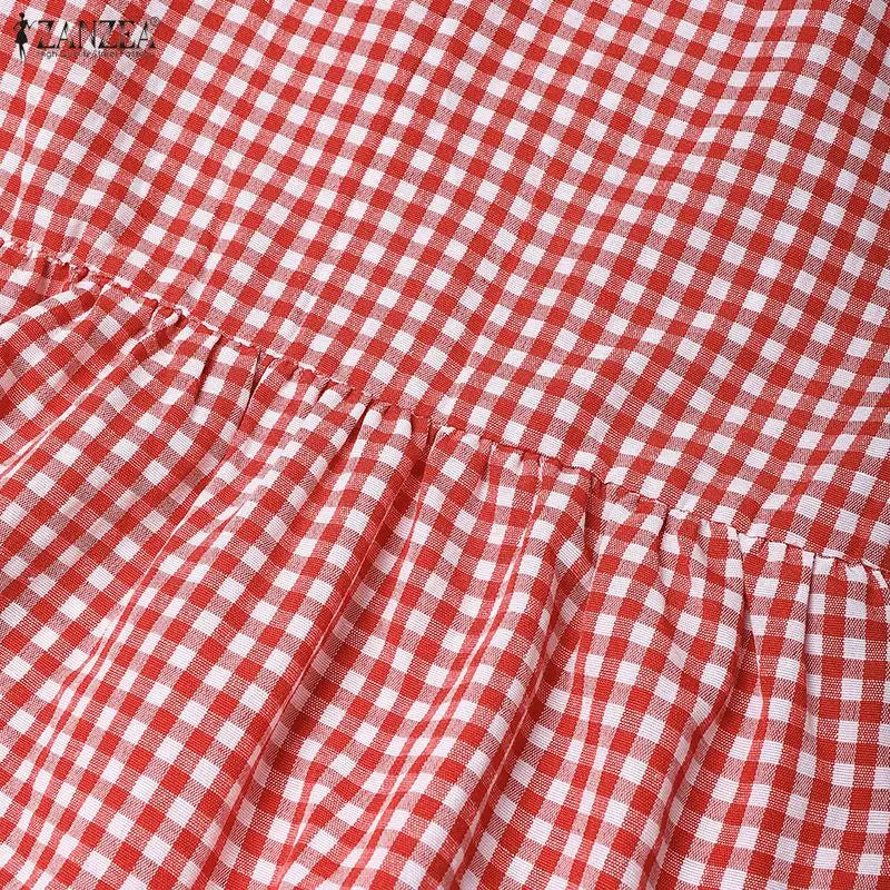 ZANZEA Vintage Gingham Knee-Length Dress Woman Suqare Neck Puff Sleeves Ruffled Hem Dresses Summer Casual Daily Wear Vestidos