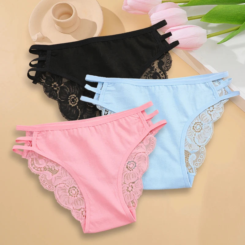 Sexy Floral Lace Panties 3Pc Set For Women Low Rise Hollow Out Transparent Briefs
