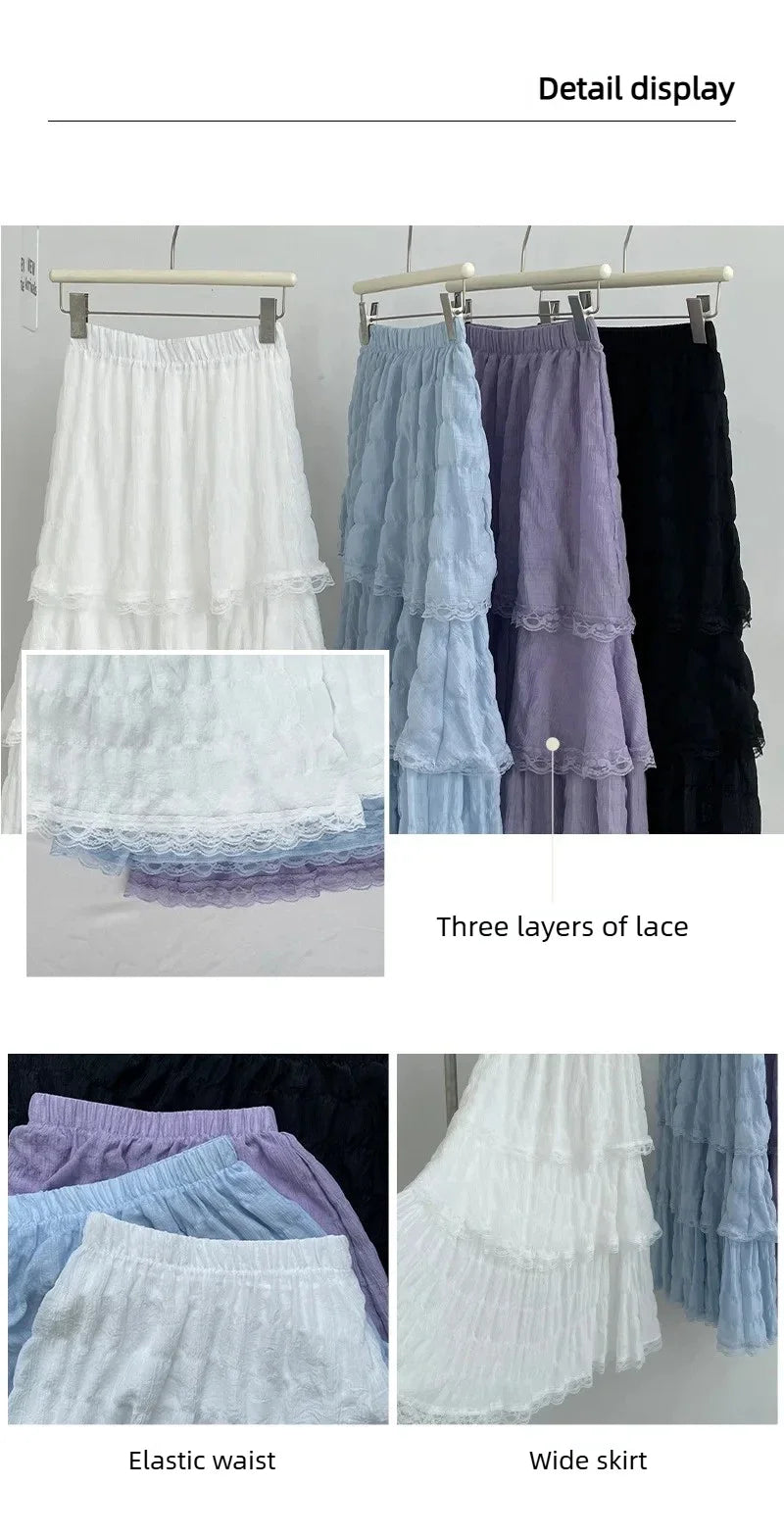 Sweet Lace Ruffles Long Skirt Women Summer Cute Puff Cake A Line Skirt Woman Korean Style High Waist White Chiffon Tulle Skirt