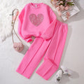 Children‘s Autumn Winter Warm Clothes Sets For Girls Solid Color Heart Print Top And Pants Daily Causal Sports Loose Lounge Wear