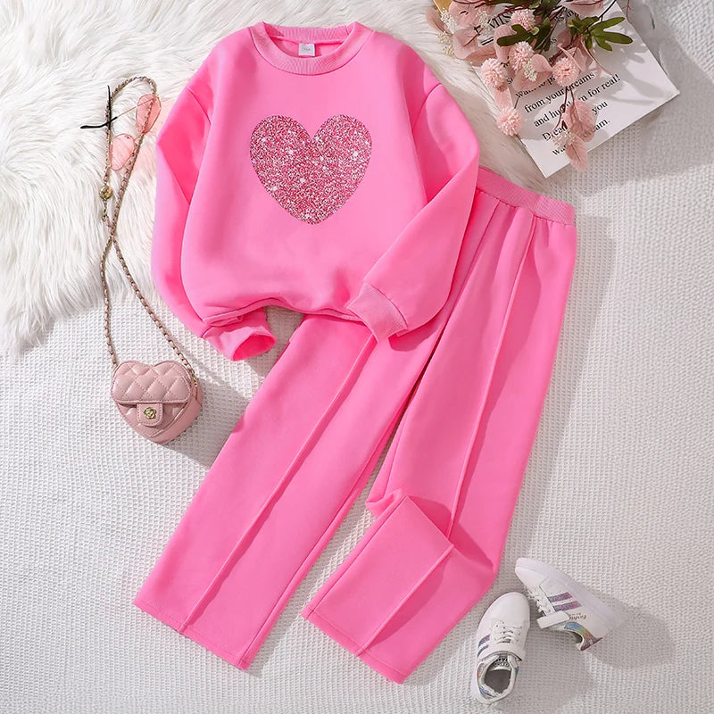 Children‘s Autumn Winter Warm Clothes Sets For Girls Solid Color Heart Print Top And Pants Daily Causal Sports Loose Lounge Wear