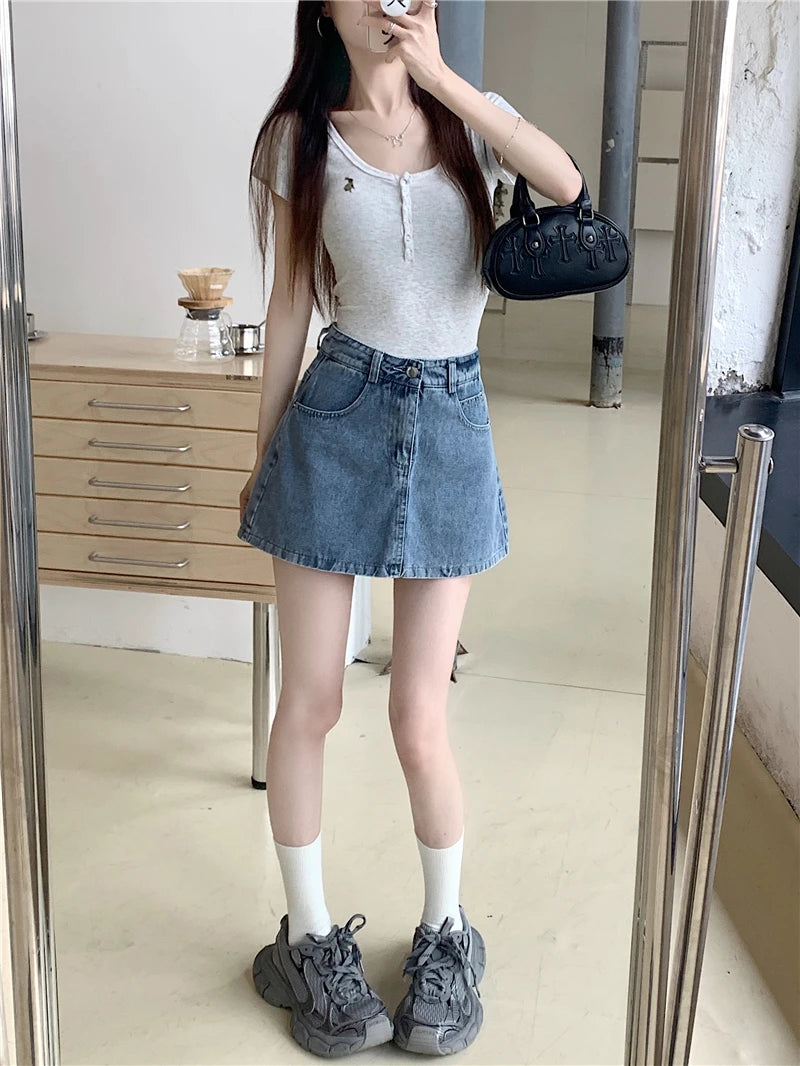 Elegant American Style High Waist A-Line Denim  Skirt Women's Fashionable Slimming Short Skirt Pants Skirt