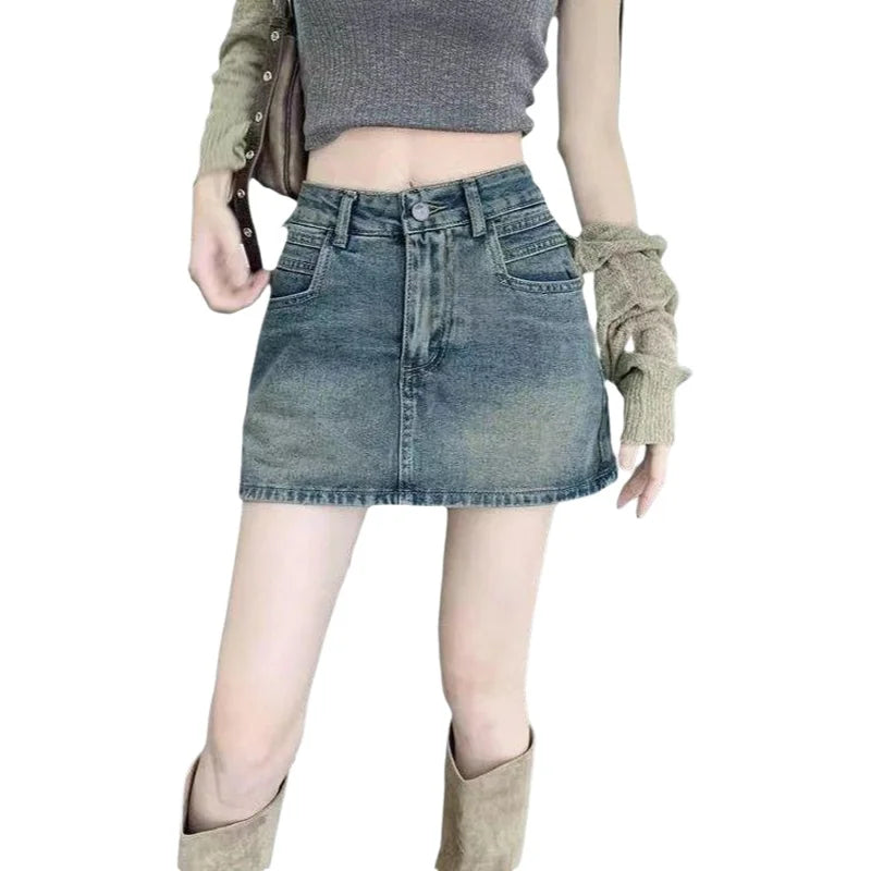 American Retro High Waist Denim Mini Skirt Women's Slimming Sexy Letter Print Half Body Skirt Casual Cotton Blend Fabric