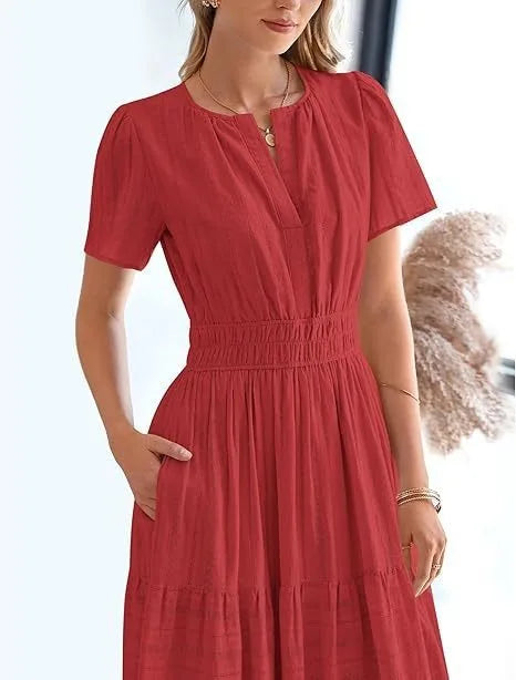 Summer Solid Color V-neck Tight Waist Dress French Style Elegant Pleated Large Swing Long Dress Casual Vacation Style Slimming M
