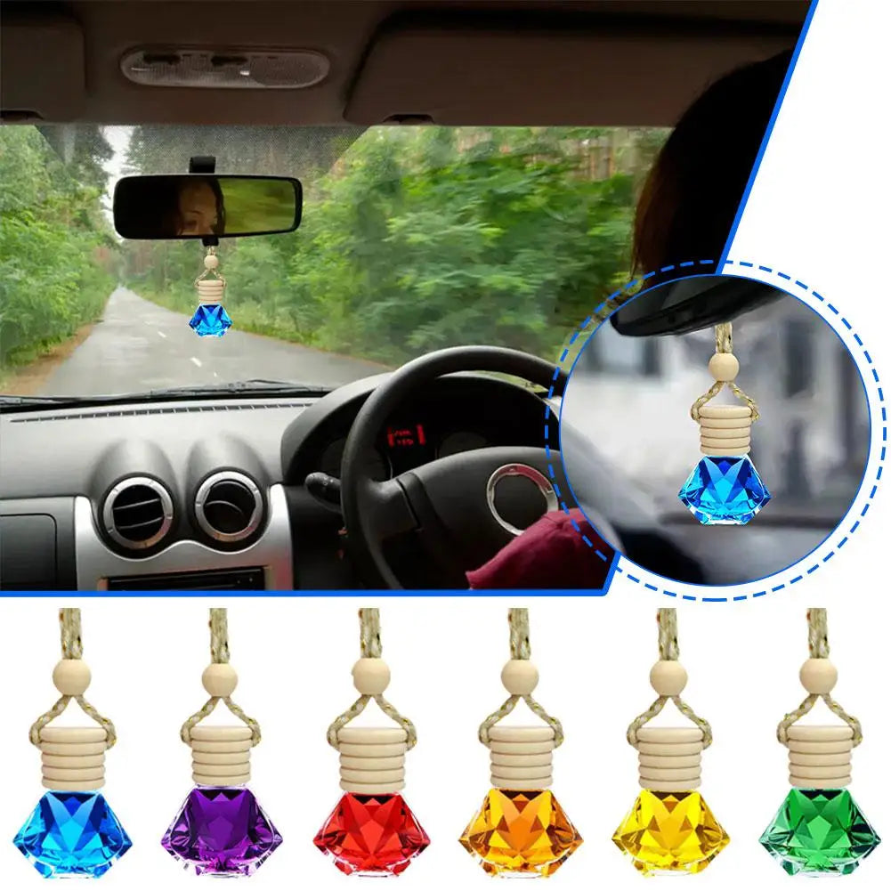 Car Hanging Perfume Bottle Glass Essential Oil Diffuser Refillable Air Freshener Wooden Cap Auto Decoration