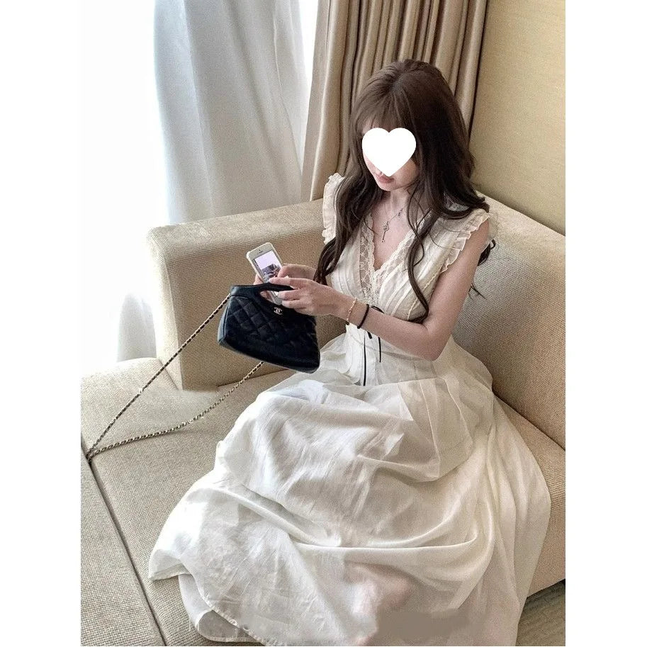 plus Size French Collar Lace Splice Sleeveless Dress Women Summer Slimming Long Dress Waist Cinched V Neck Knitted Fabric