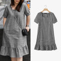 Summer Women's Gingham Knee-Length Dress Suqare Neck Short Puff Sleeve A-Line Ruffled Hem Dresses ZANZEA Daily Casual Robe Femme