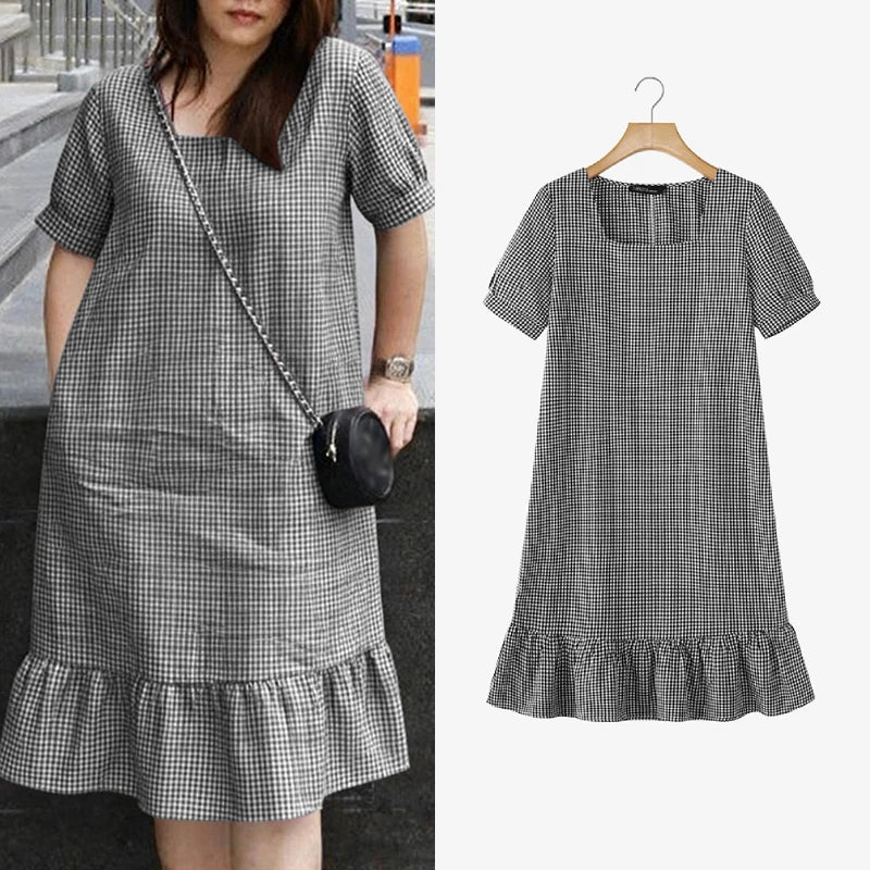 Summer Women's Gingham Knee-Length Dress Suqare Neck Short Puff Sleeve A-Line Ruffled Hem Dresses ZANZEA Daily Casual Robe Femme
