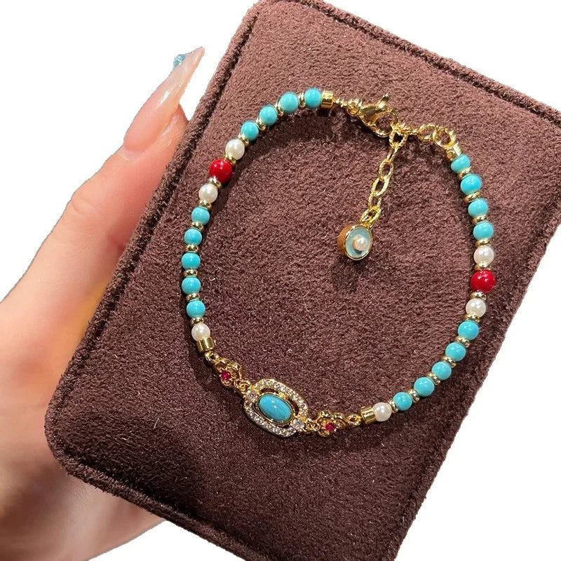 Turquoise Pearl Bracelet Women's Luxury Colorful Dopaamine Chinese Style Small Audience Beaded Hand Jewelry Accessories