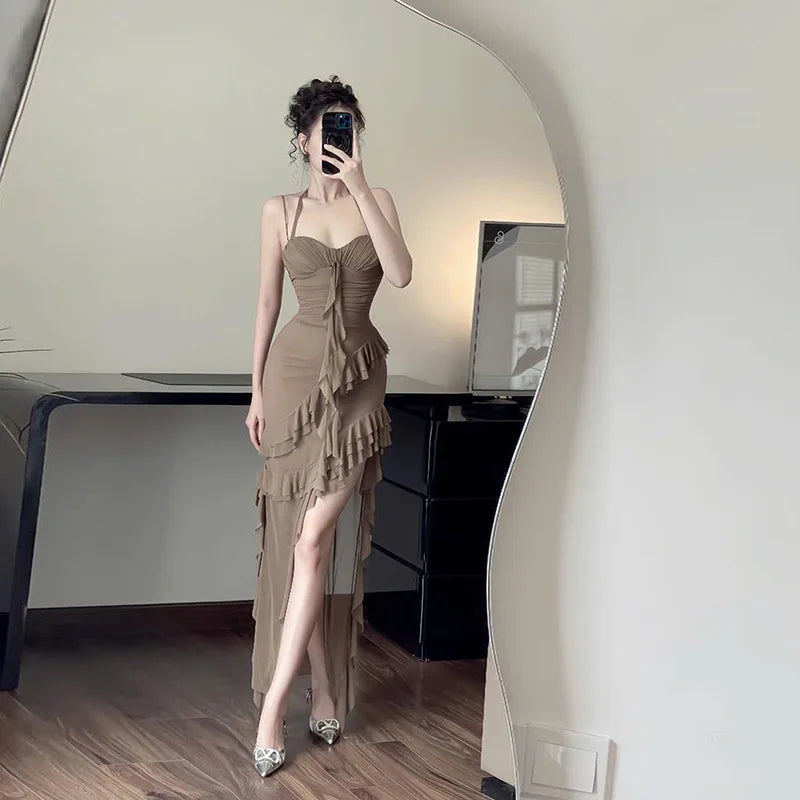 Fashionable Strapless Slim Fit Long Dress Sexy Trendy Girl High Waist Irregular Design Knitted Pure Color Spring New Arrival