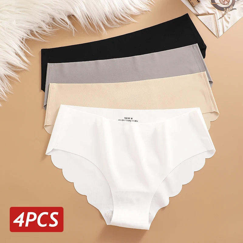 Ice Silk Seamless Panties 4Pcs/Set Women'S'S Briefs Solid Color Elastic Underwear Female Ultra Thin No Trace Wavy Side Panties