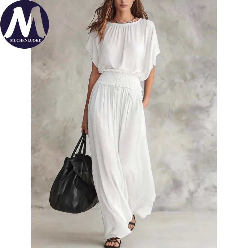 Elegant High-Waisted Loose Dress for Women Summer Fashionable Casual O-Neck Batwing Short Sleeve Waist-Cinching Elegant Women's