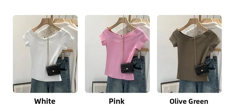 Pink Shoulder Bared Short Sleeve T Shirt Women's Summer New Style Ageless Lady Pure Desire Spicy Girl Top Simple Backless Design
