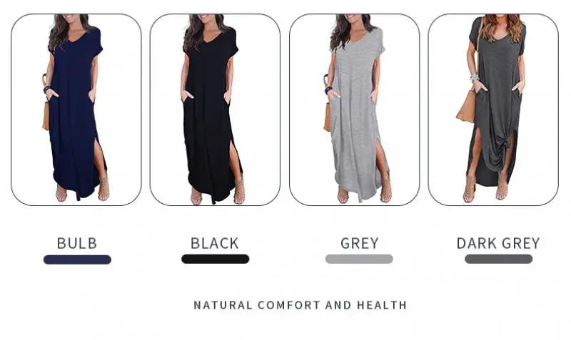 Women's Casual Maxi Dress V Neck Short Sleeve Dresses Loose Fit Long Dress with Pockets Side Slit Outfit Home Casual Daily Wear