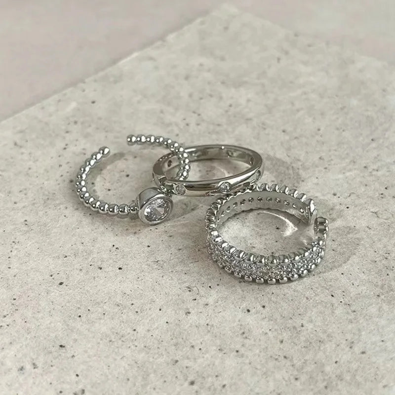 Vintage Silver Ring Set Crystal Round 3Pcs Y2K Aesthetic Jewelry For Women And Girls Trend