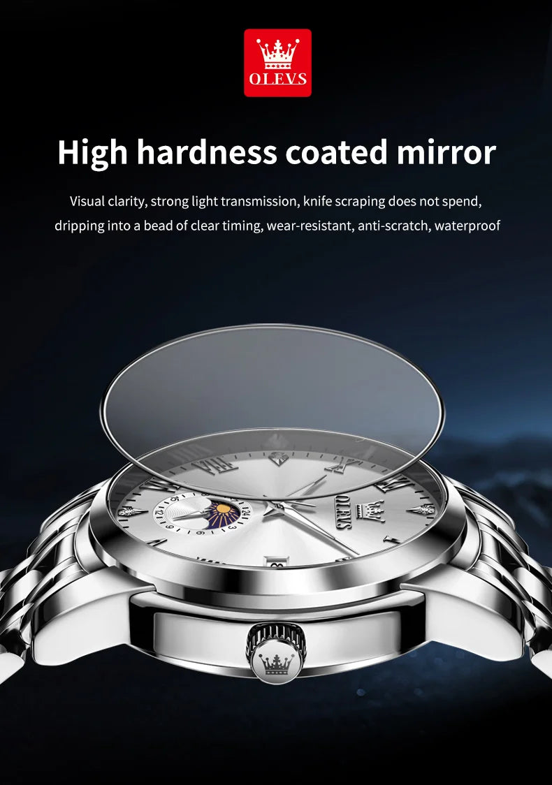 OLEVS 3656 Brand Men's Watches Fashion Original Quartz Watch for Man Waterproof Stainless Steel Luminous Wristwatch Moon Phase