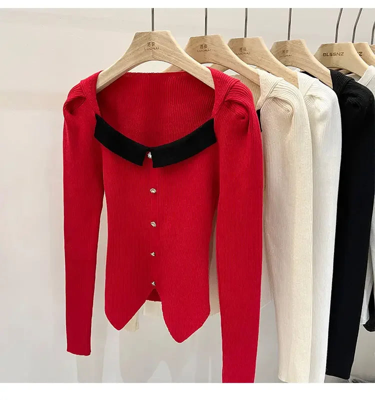 Women's Knitted Short Sweater Square Collar Base Shirt Color Collision Design Sensation Autumn Winter Special Edition Top