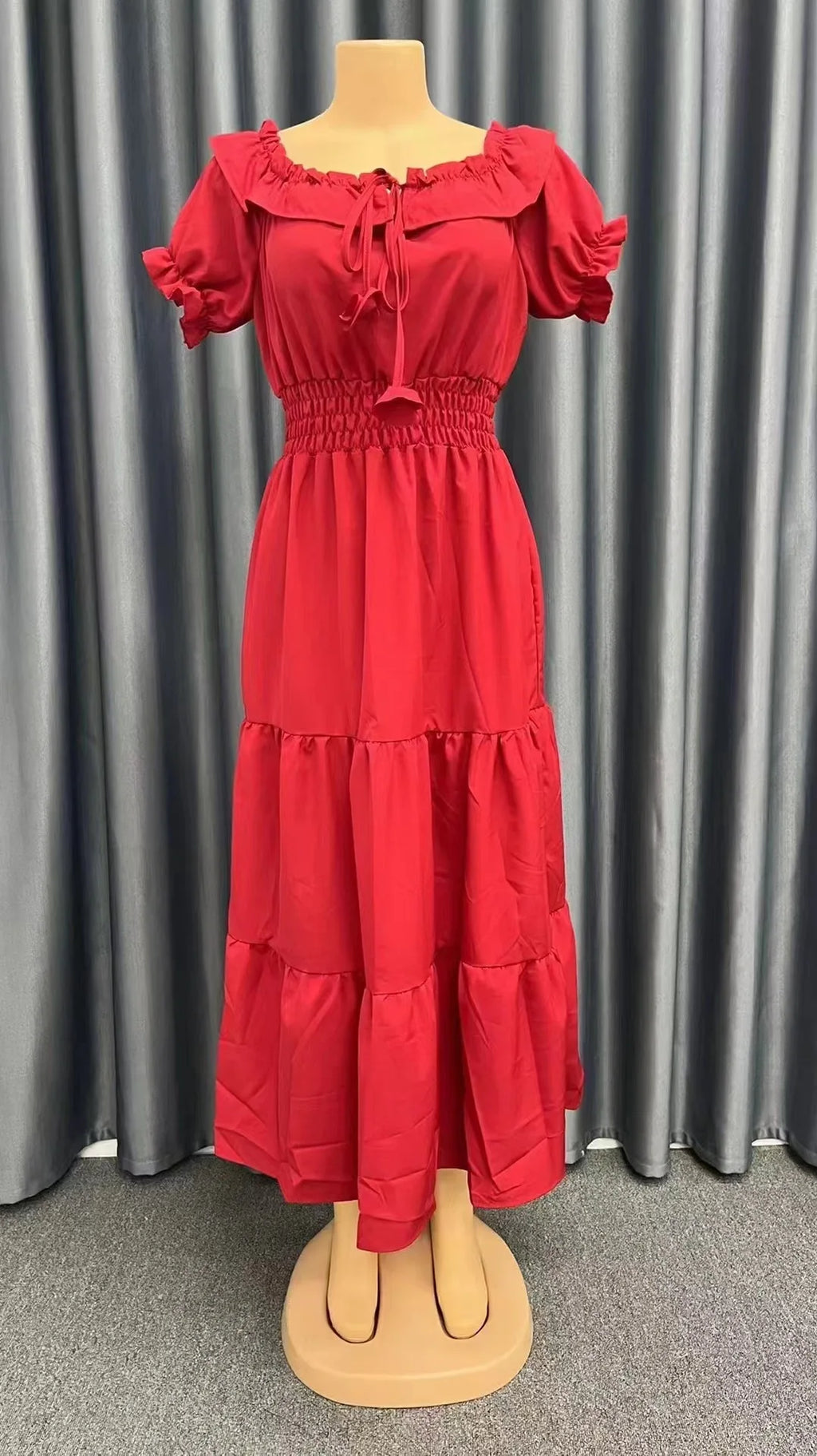 2026 Elegant Women's Off Shoulder Ruffle Sleeve Dress Fashion Solid Color Elastic Waist Tiered Maxi Dresses