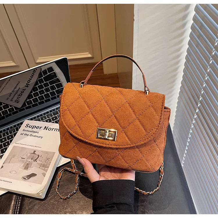 Diamond Grid Chain Crossbody Bag One Shoulder Purse Trendy Flip Top Clutch Women's Fashion Suede Leather Casual Shoulder Bag