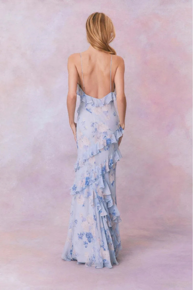 Lotus Leaf Edge French Floral Backless Dress Slim Fit Chiffon Solid Color Holiday Party Birthday Party Long Dress