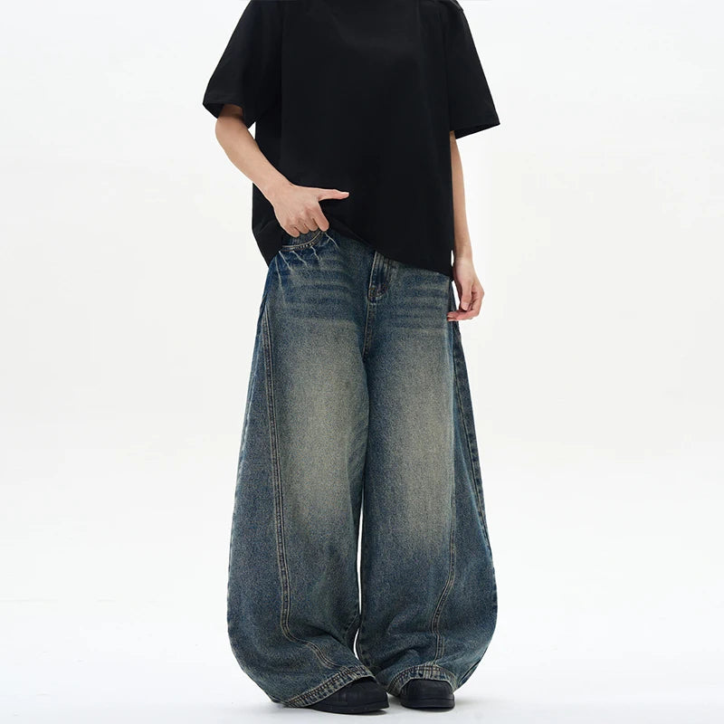 Mens Patchwork Denim Jeans Oversized Wide Leg Pants Vintage Cracked Lightning Denim Streetwear For Men