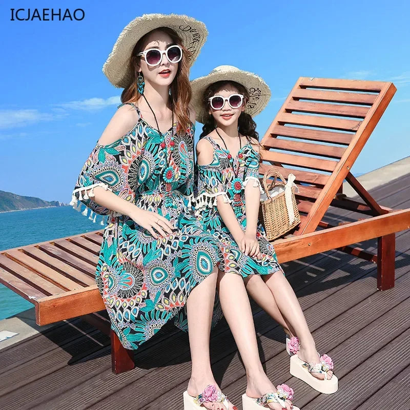 2025 Elegant Floral Girls Dress Family Matching Summer Outfit Off-Shoulder Midi Boho Dress Boys Set Fashionable Beach Vacation