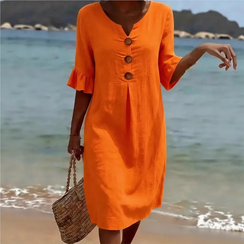 Simple Casual Women's Solid Color Midi Dress V Neck Button 3/4 Sleeve Loose 2026 New Summer Beach Vacation Dresses With Pockets